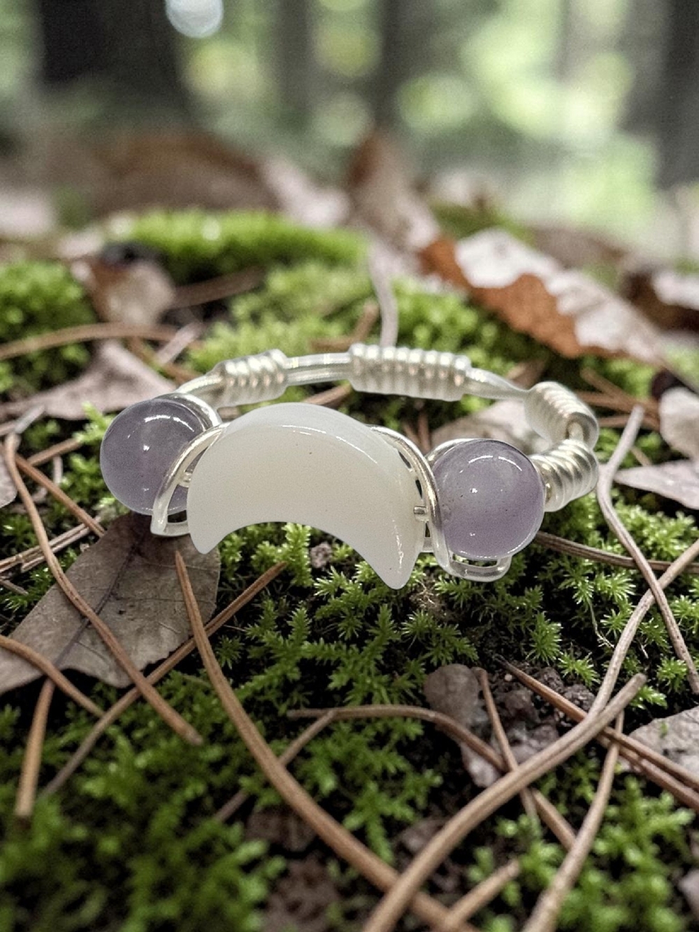 Handcrafted Crescent Moon Bracelet with Lavender Beads - Women Jewelry